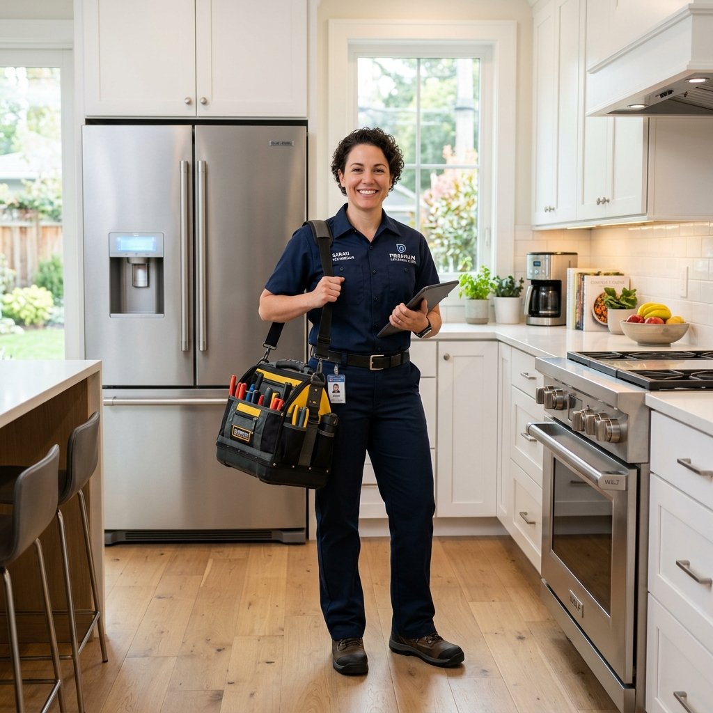 OneClickAppliance technician repairing home appliances in kitchen